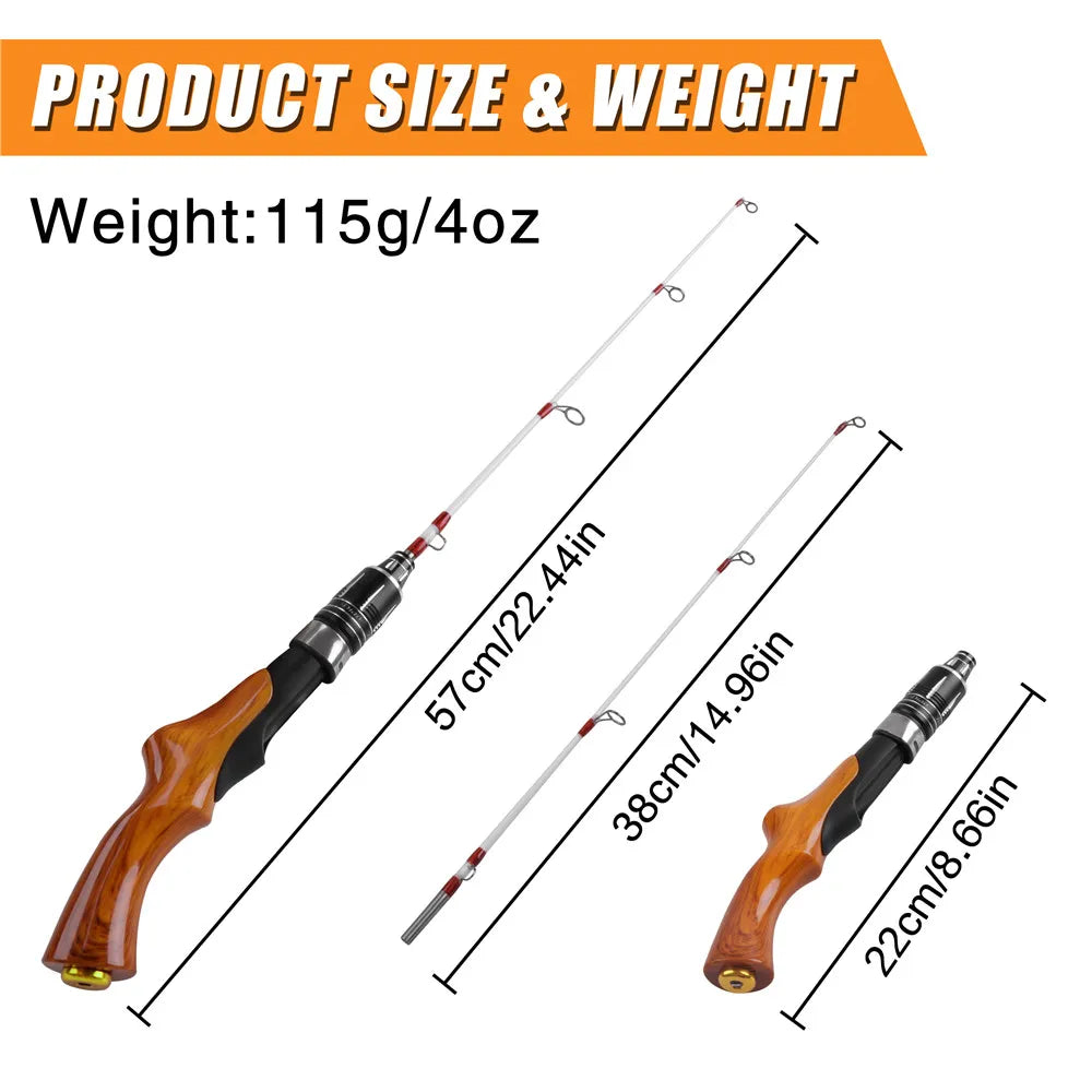 Winter Ice Fishing Rod 57CM 2 Sections Wooden Handle Ice Fishing Pole for Bass Trout